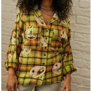 BDG Flannel Button Down Shirt Brody Yin Yang Distressed Oversized Fit Size S